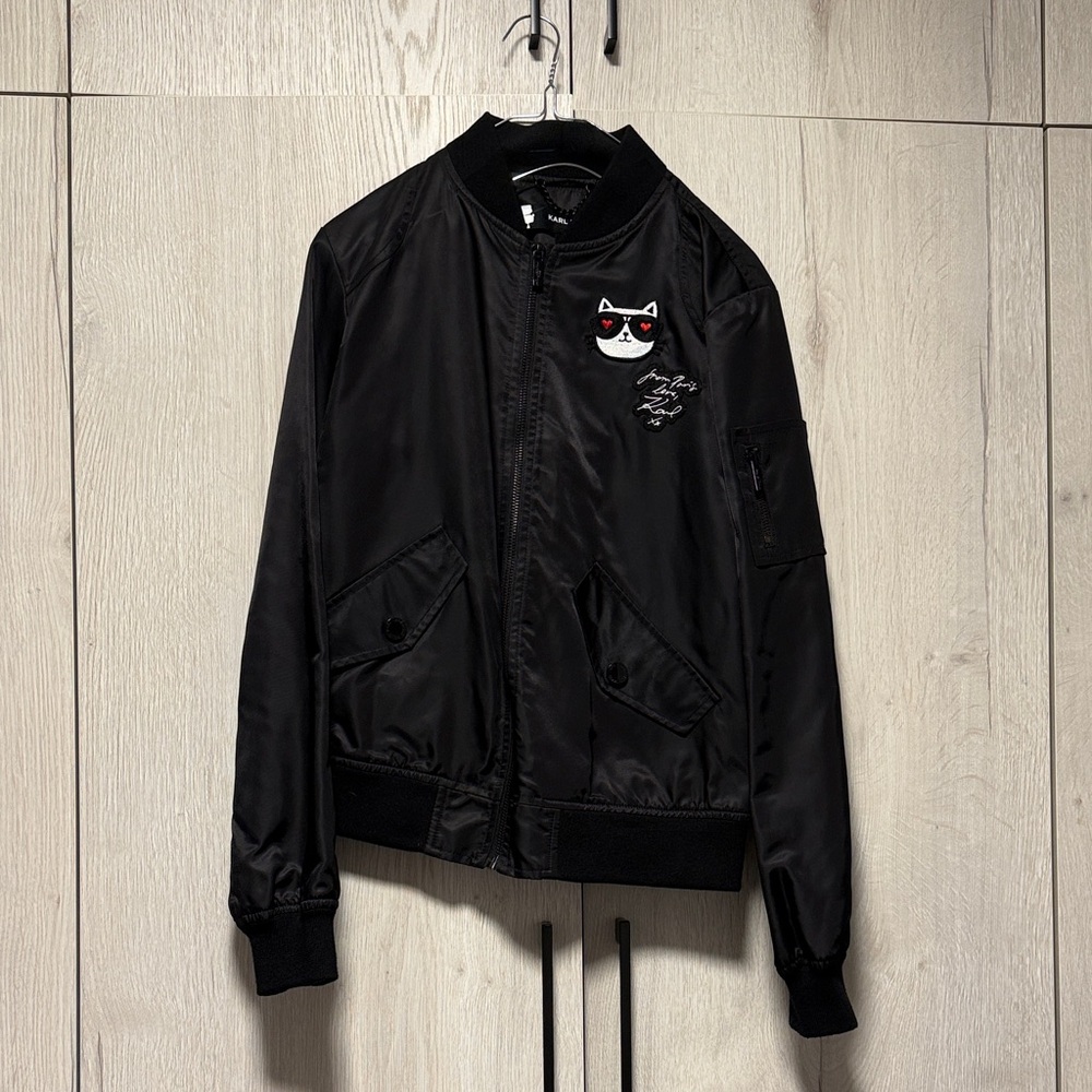 Karl Lagerfeld Women’s Black Bomber Jacket with Cat Patch and Sunglasses Detail